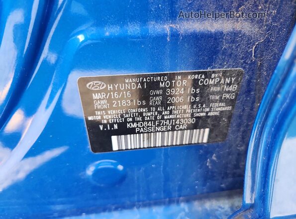 KMHD84LF7HU143030 2017 HYUNDAI ELANTRA Blue ძრავის განყოფილების ხედი