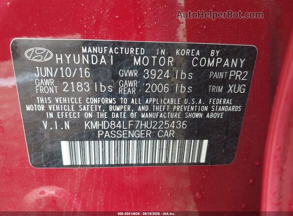 KMHD84LF7HU225436 2017 HYUNDAI ELANTRA Красный Вид подкапотного пространства