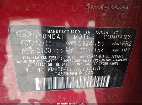 KMHD84LF7HU297818 2017 HYUNDAI ELANTRA Red Vista del compartimento del motor