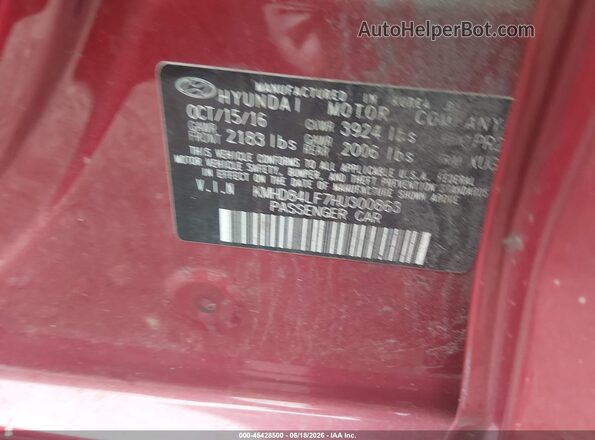 KMHD84LF7HU300863 2017 HYUNDAI ELANTRA Red Engine compartment view