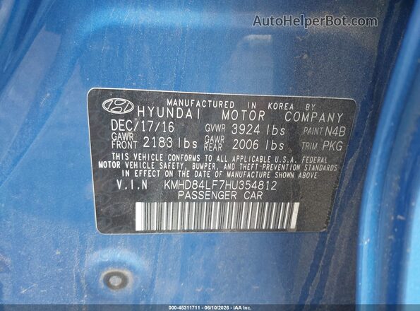 KMHD84LF7HU354812 2017 HYUNDAI ELANTRA Blue 