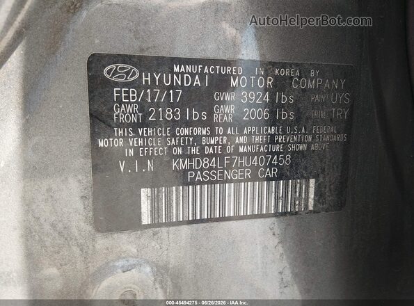KMHD84LF7HU407458 2017 HYUNDAI ELANTRA Gray Շարժիչի բաժամունքի տեսք