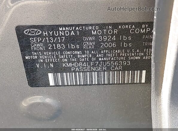 KMHD84LF7JU556393 2018 HYUNDAI ELANTRA Gray ძრავის განყოფილების ხედი