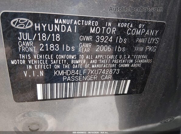 KMHD84LF7KU742873 2019 HYUNDAI ELANTRA Gray Շարժիչի բաժամունքի տեսք