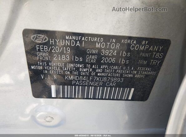 KMHD84LF7KU879893 2019 HYUNDAI ELANTRA Silver Շարժիչի բաժամունքի տեսք