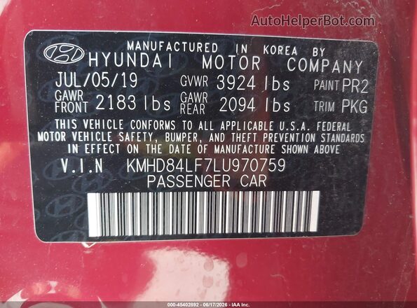 KMHD84LF7LU970759 2020 HYUNDAI ELANTRA Red ძრავის განყოფილების ხედი