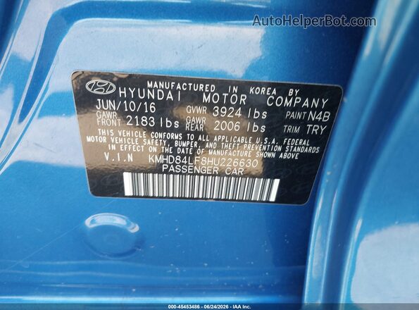 KMHD84LF8HU226630 2017 HYUNDAI ELANTRA Blue Vista del compartimento del motor