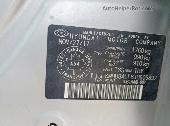 KMHD84LF8JU605892 2018 HYUNDAI ELANTRA Silver 