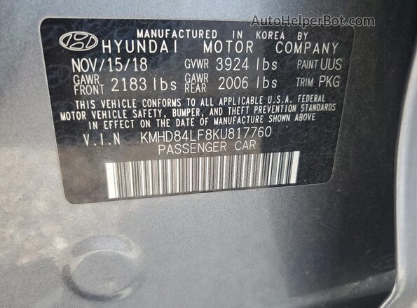 KMHD84LF8KU817760 2019 HYUNDAI ELANTRA Gray Vista de la etiqueta del VIN