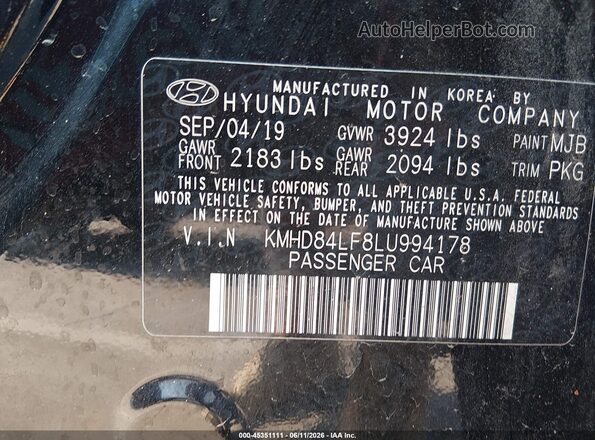 KMHD84LF8LU994178 2020 HYUNDAI ELANTRA Black Շարժիչի բաժամունքի տեսք