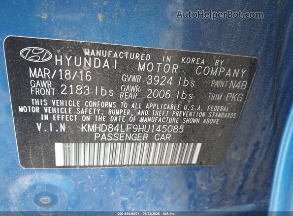 KMHD84LF9HU145085 2017 HYUNDAI ELANTRA Blue Engine compartment view