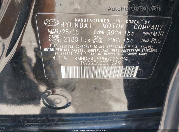 KMHD84LF9HU153784 2017 HYUNDAI ELANTRA Black Շարժիչի բաժամունքի տեսք