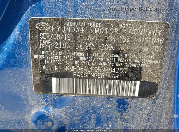 KMHD84LF9HU284259 2017 HYUNDAI ELANTRA Синий Вид подкапотного пространства