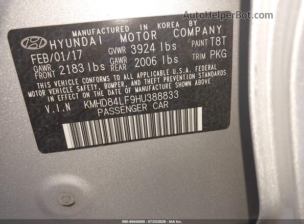 KMHD84LF9HU388833 2017 HYUNDAI ELANTRA Silver Vista del compartimento del motor