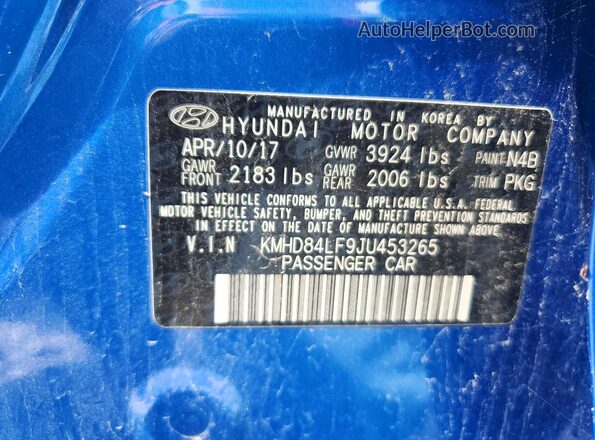 KMHD84LF9JU453265 2018 HYUNDAI ELANTRA Blue VIN կոդի պիտակի տեսք
