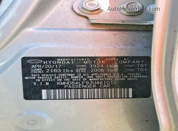 KMHD84LF9JU461012 2018 HYUNDAI ELANTRA Silver Vista del compartimento del motor