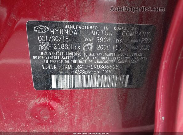 KMHD84LF9KU806606 2019 HYUNDAI ELANTRA Красный Вид подкапотного пространства