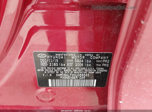 KMHD84LFXHU068565 2017 HYUNDAI ELANTRA Red ძრავის განყოფილების ხედი