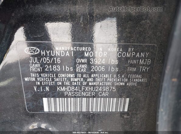 KMHD84LFXHU249875 2017 HYUNDAI ELANTRA Черный Вид подкапотного пространства