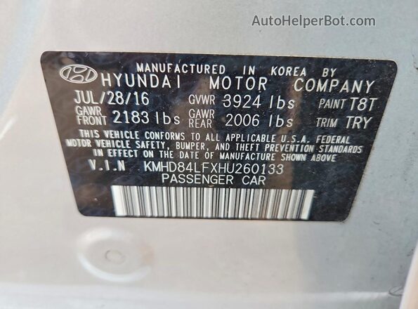 KMHD84LFXHU260133 2017 HYUNDAI ELANTRA Silver Vista del compartimento del motor