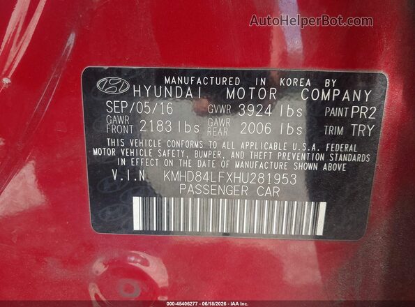 KMHD84LFXHU281953 2017 HYUNDAI ELANTRA Red ძრავის განყოფილების ხედი