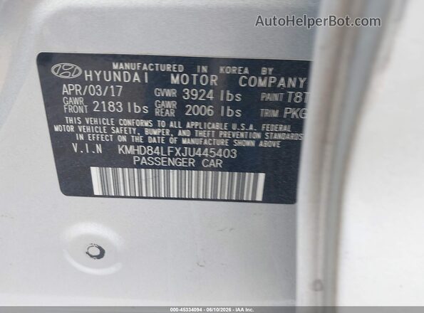 KMHD84LFXJU445403 2018 HYUNDAI ELANTRA Серебряный Вид подкапотного пространства