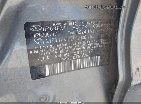KMHD84LFXJU450097 2018 HYUNDAI ELANTRA Gray 