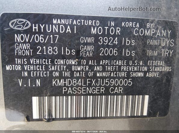 KMHD84LFXJU590005 2018 HYUNDAI ELANTRA Gray Շարժիչի բաժամունքի տեսք