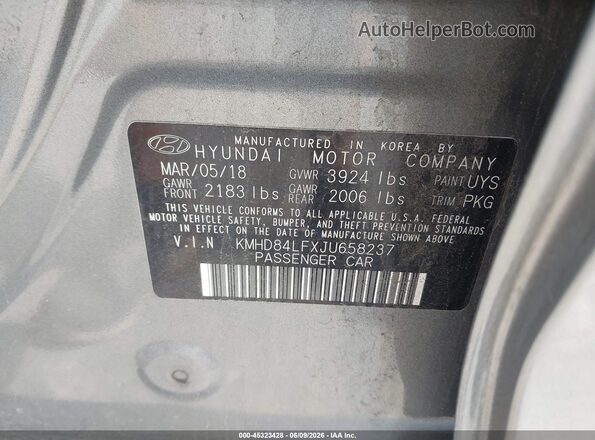 KMHD84LFXJU658237 2018 HYUNDAI ELANTRA Серый Вид подкапотного пространства