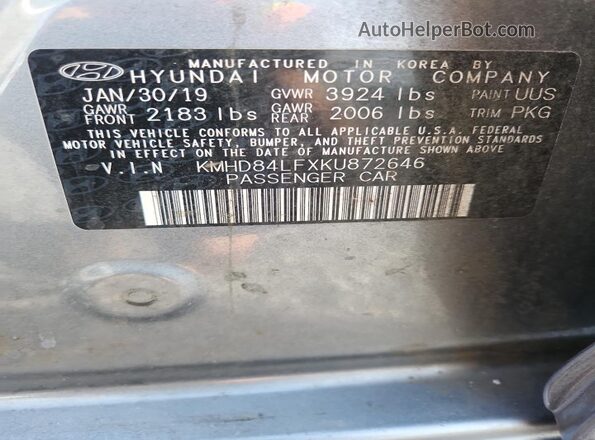 KMHD84LFXKU872646 2019 HYUNDAI ELANTRA Серый Вид подкапотного пространства