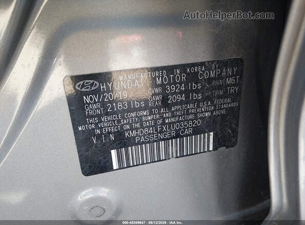 KMHD84LFXLU035820 2020 HYUNDAI ELANTRA Silver Vista del compartimento del motor