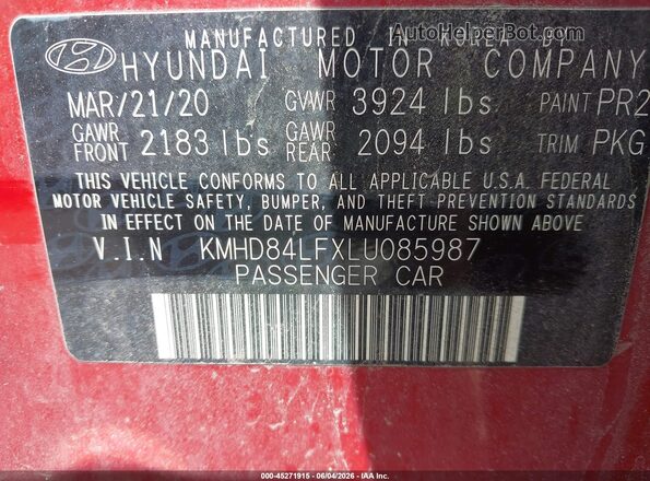 KMHD84LFXLU085987 2020 HYUNDAI ELANTRA Red ძრავის განყოფილების ხედი