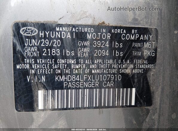 KMHD84LFXLU107910 2020 HYUNDAI ELANTRA Gray Vista del compartimento del motor