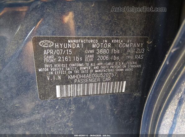 KMHDH4AE0GU520757 2016 HYUNDAI ELANTRA Dark Blue 