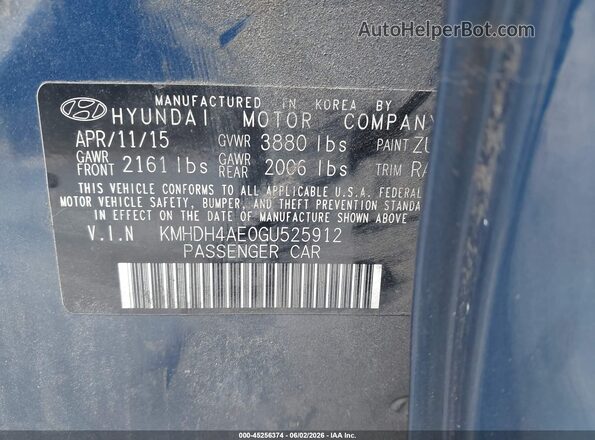 KMHDH4AE0GU525912 2016 HYUNDAI ELANTRA Blue Widok komory silnika