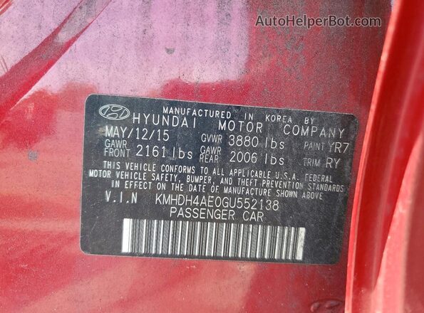 KMHDH4AE0GU552138 2016 HYUNDAI ELANTRA Red 