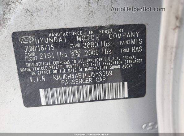 KMHDH4AE1GU583589 2016 HYUNDAI ELANTRA Silver Engine compartment view