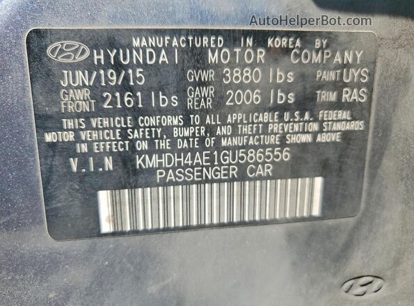 KMHDH4AE1GU586556 2016 HYUNDAI ELANTRA Gray VIN կոդի պիտակի տեսք