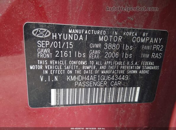 KMHDH4AE1GU643449 2016 HYUNDAI ELANTRA Red Вид підкапотного простору