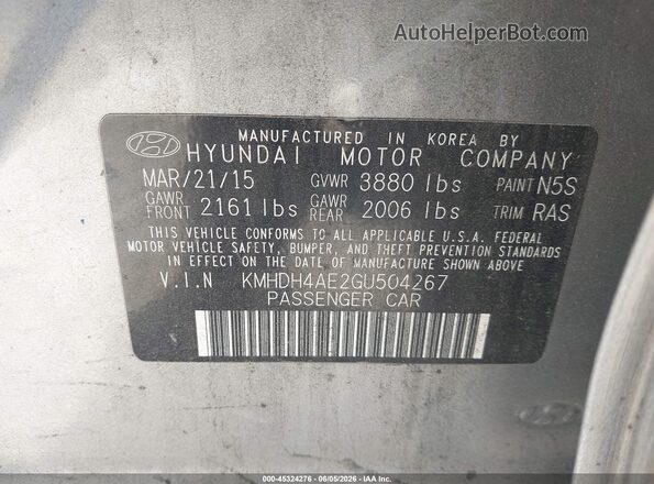 KMHDH4AE2GU504267 2016 HYUNDAI ELANTRA Gray ძრავის განყოფილების ხედი