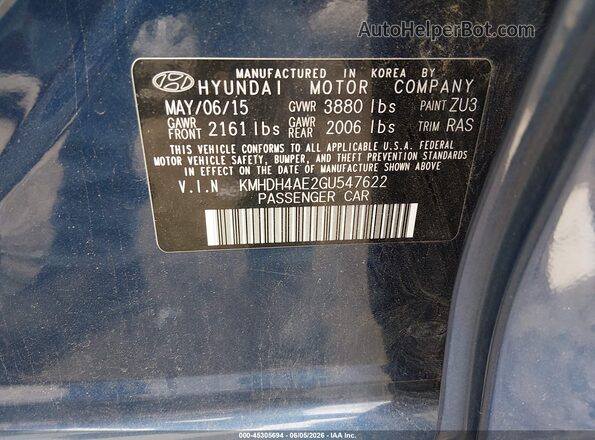 KMHDH4AE2GU547622 2016 HYUNDAI ELANTRA Blue Engine compartment view