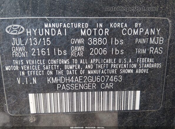 KMHDH4AE2GU607463 2016 HYUNDAI ELANTRA Black ძრავის განყოფილების ხედი