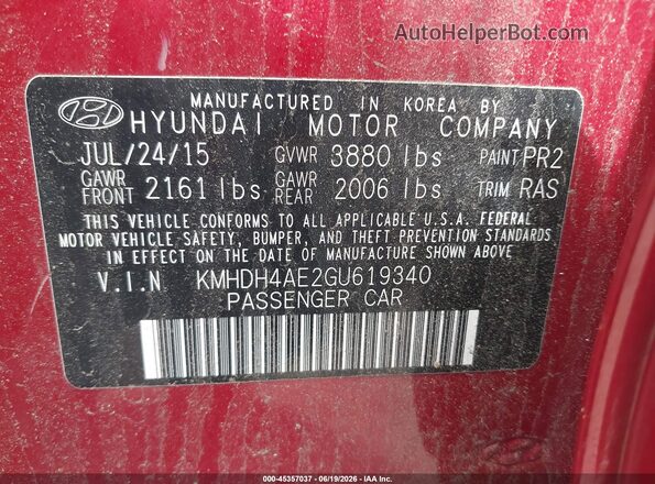 KMHDH4AE2GU619340 2016 HYUNDAI ELANTRA Red Вид підкапотного простору