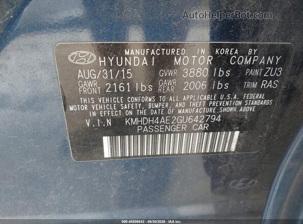 KMHDH4AE2GU642794 2016 HYUNDAI ELANTRA Blue Vista del compartimento del motor