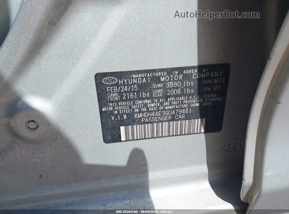 KMHDH4AE3GU479461 2016 HYUNDAI ELANTRA Silver 