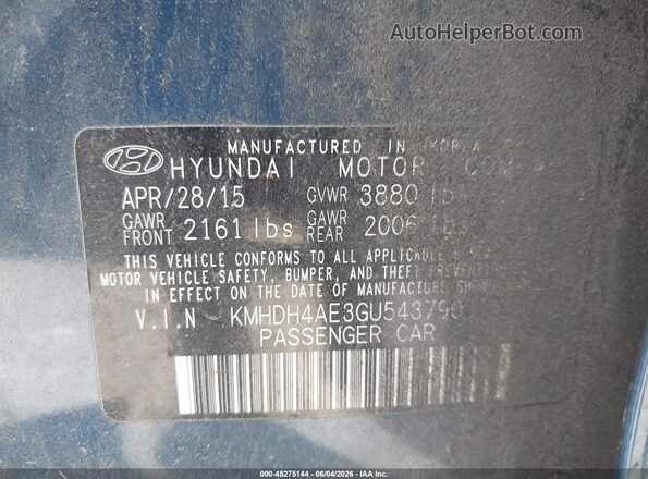 KMHDH4AE3GU543790 2016 HYUNDAI ELANTRA Blue Vista del compartimento del motor