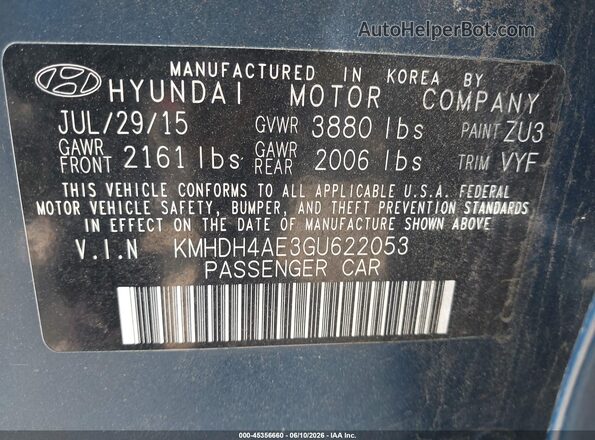 KMHDH4AE3GU622053 2016 HYUNDAI ELANTRA Dark Blue Vista del compartimento del motor