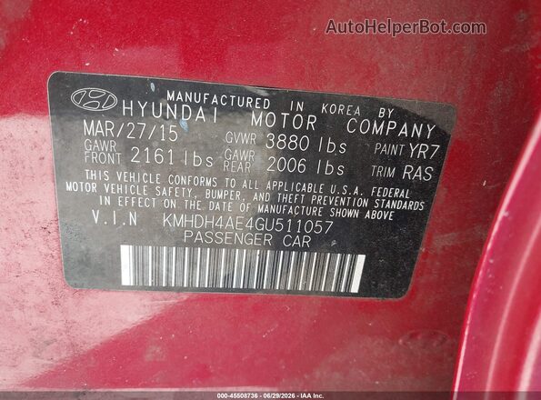 KMHDH4AE4GU511057 2016 HYUNDAI ELANTRA Red Вид підкапотного простору