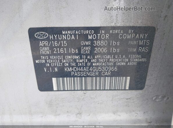 KMHDH4AE4GU530966 2016 HYUNDAI ELANTRA Silver Շարժիչի բաժամունքի տեսք