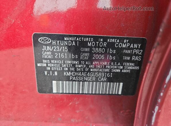 KMHDH4AE4GU589161 2016 HYUNDAI ELANTRA Red Vista del compartimento del motor